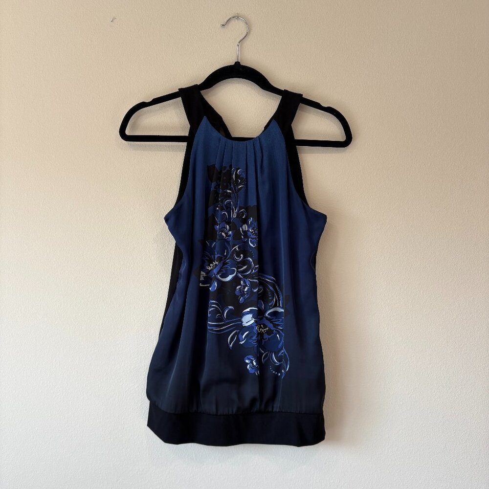 White House Black Market Blue Black Floral Dressy Blouse Tank Size Small